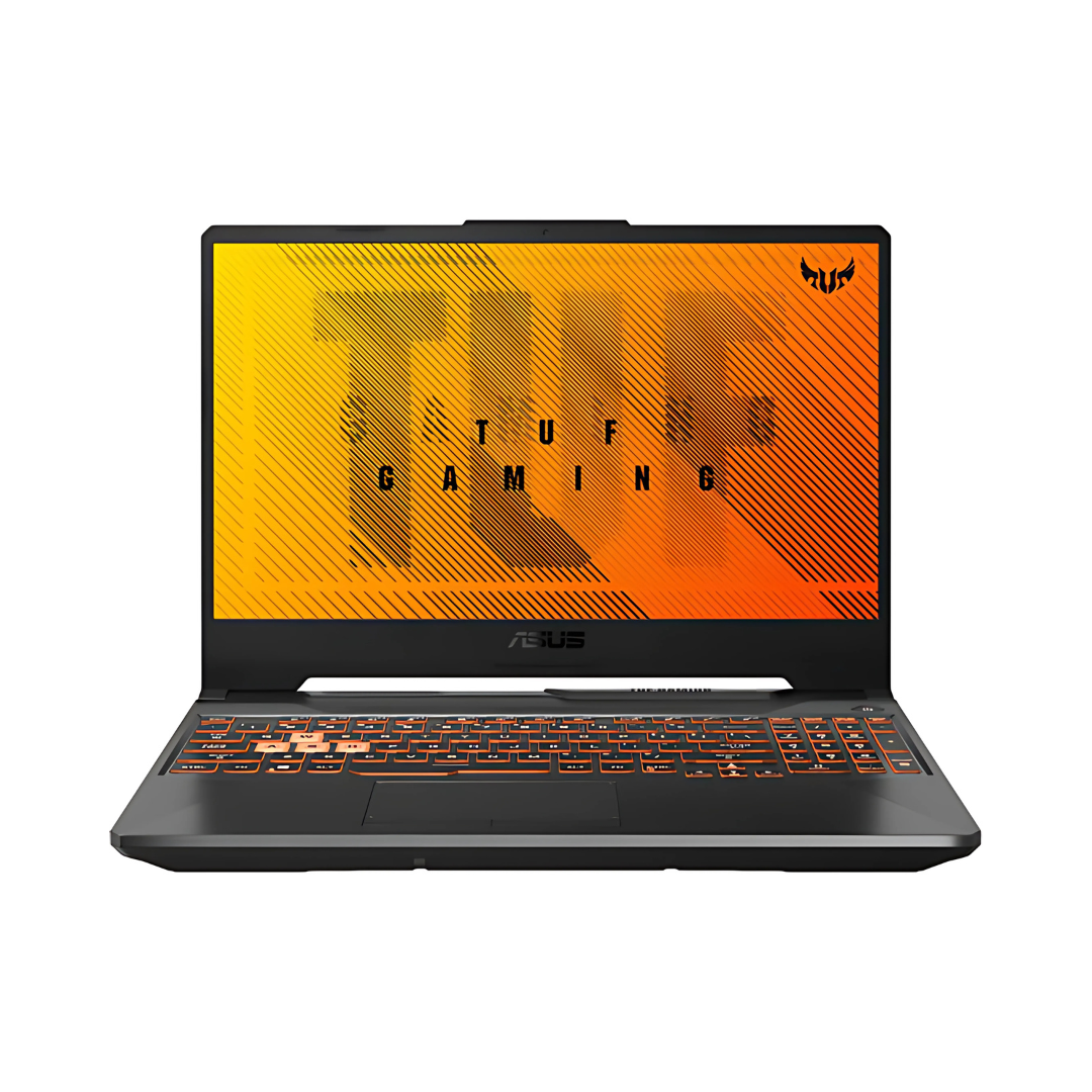 Asus TUF Gaming A15 laptop, front view with screen on. Asus TUF Gaming A15 laptop, front view with screen on.